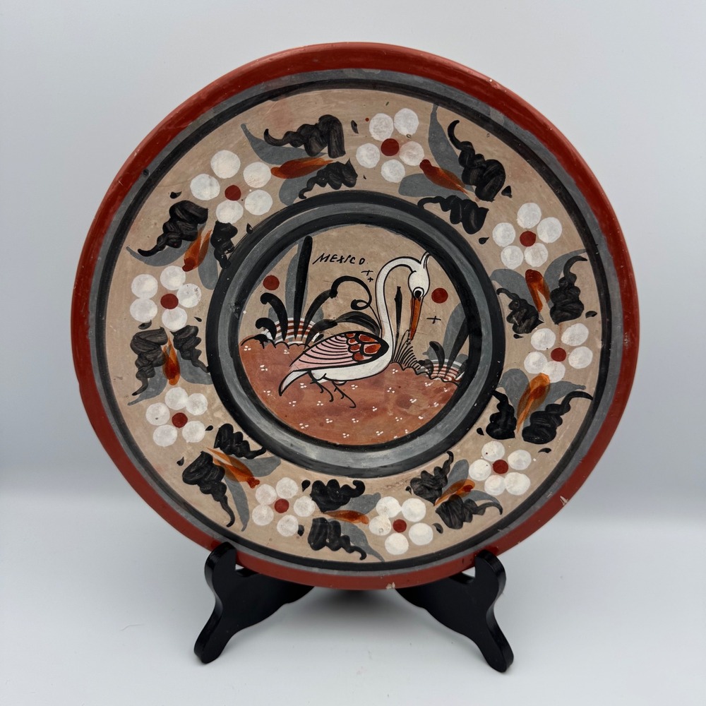 Vintage Tonala Mexico Hand Painted Pottery Wall Plate Crane Heron Folk Art 10.5"